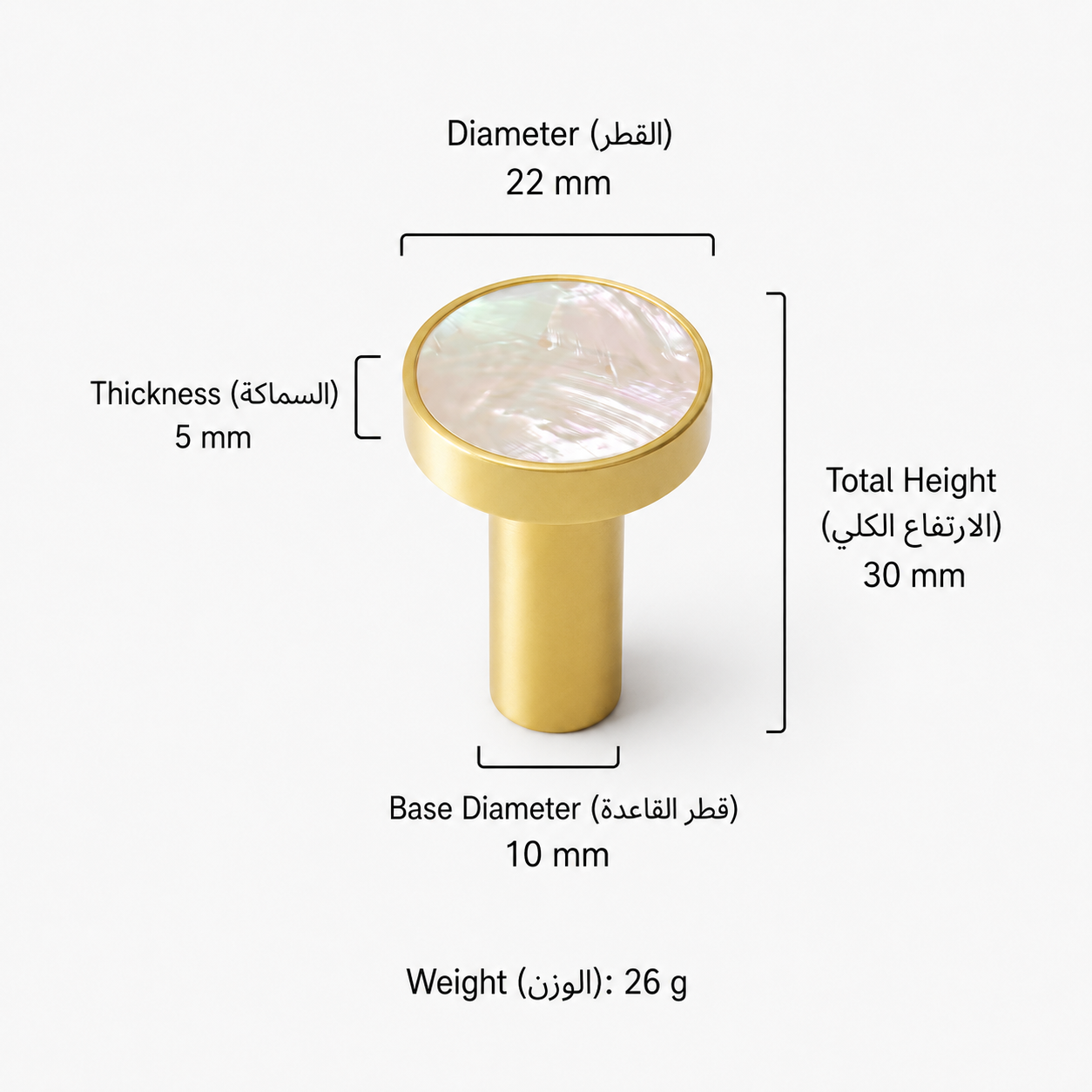 Modern Handles & Knobs T2628 in Solid brass for cabinets, wardrobes and furniture, product number T2628, T2628 - White shell - 22mm
