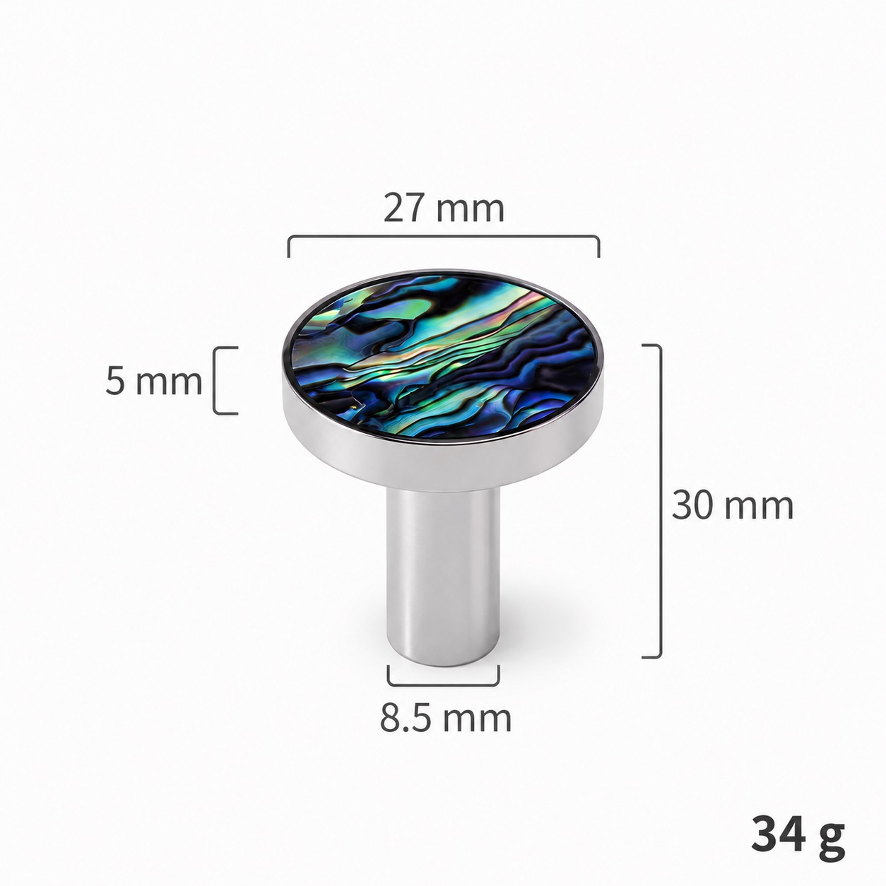 Modern Handles & Knobs T2628 in Solid brass for cabinets, wardrobes and furniture, product number T2628, T2628 - Silver - 27mmGreen shell