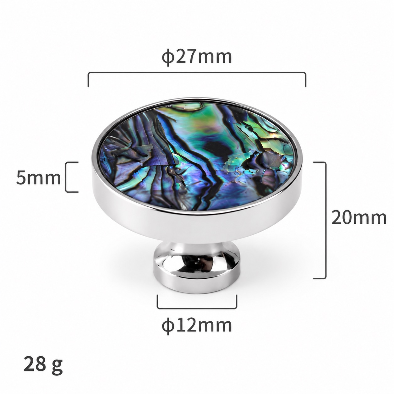 Modern Handles & Knobs T2629 in Solid brass for cabinets, wardrobes and furniture, product number T2629, T2629 - Silver - 27mmGreen shell