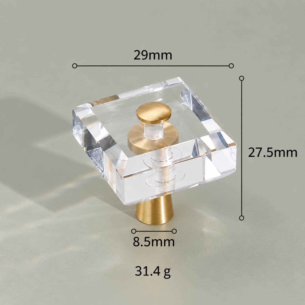 Modern Handles & Knobs T2647 in Solid brass for cabinets, wardrobes and furniture, product number T2647, T2647 - Clear square block - 29mm