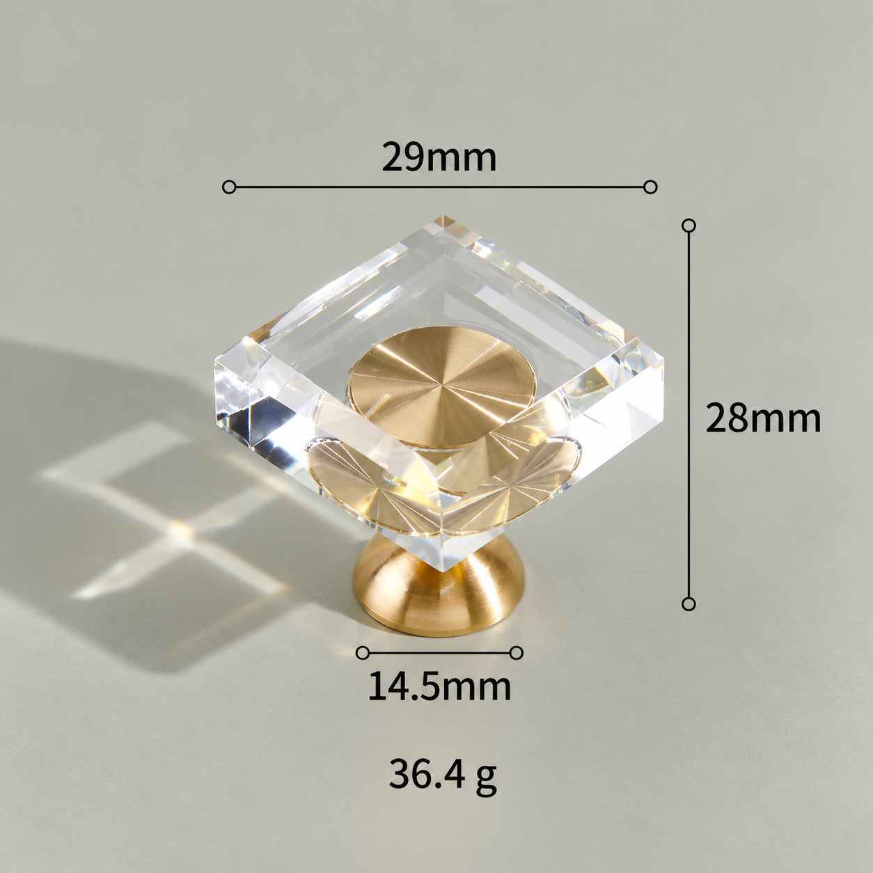 Modern Handles & Knobs T2648 in Solid brass for cabinets, wardrobes and furniture, product number T2648, T2648 - Clear square pedestal - 29mm