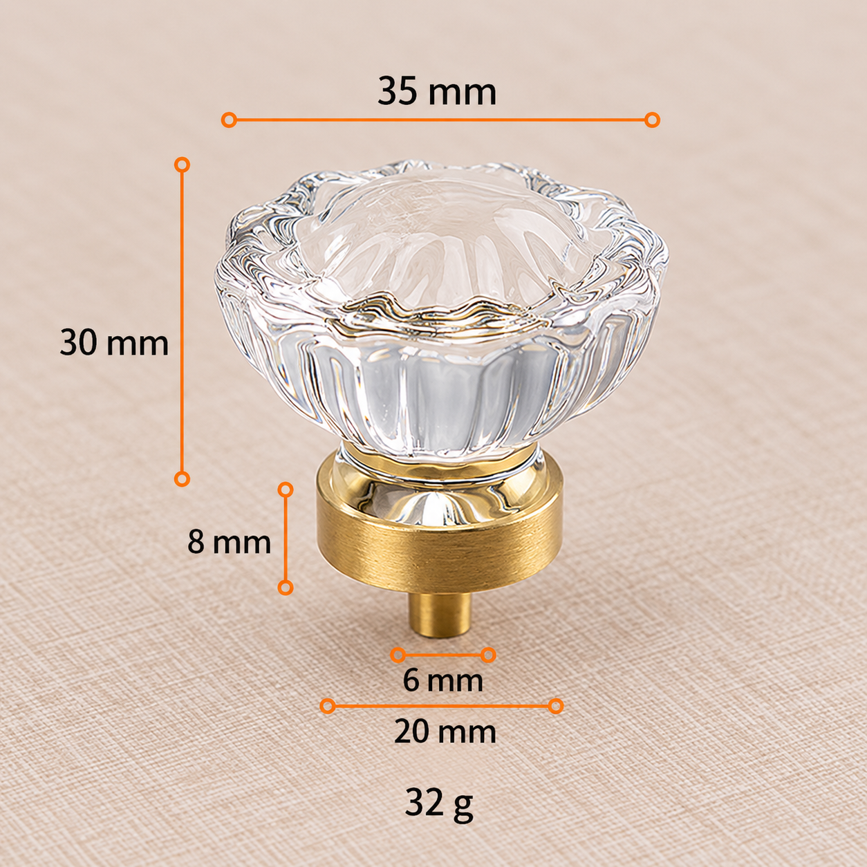 Modern Handles & Knobs T2652 in Solid brass for cabinets, wardrobes and furniture, product number T2652, T2652 - Clear night - blooming flower - 35mm