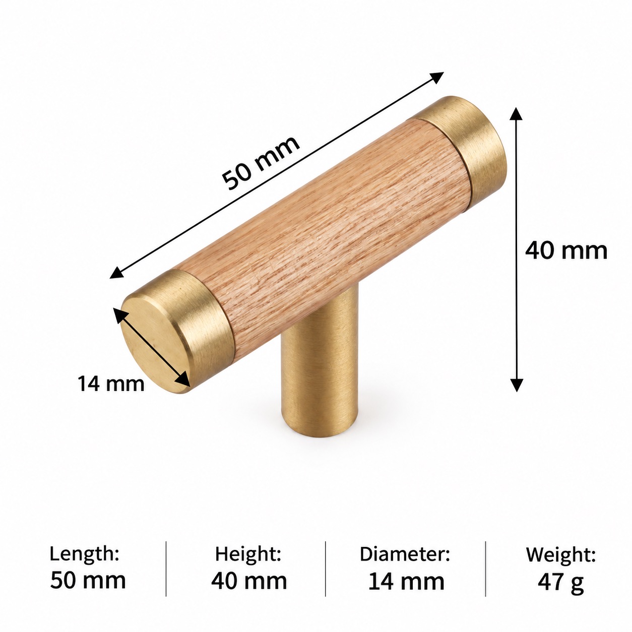 Modern Handles & Knobs T2928 in Solid brass for cabinets, wardrobes and furniture, product number T2928, T2928 - Ash wood Matte - 50mm