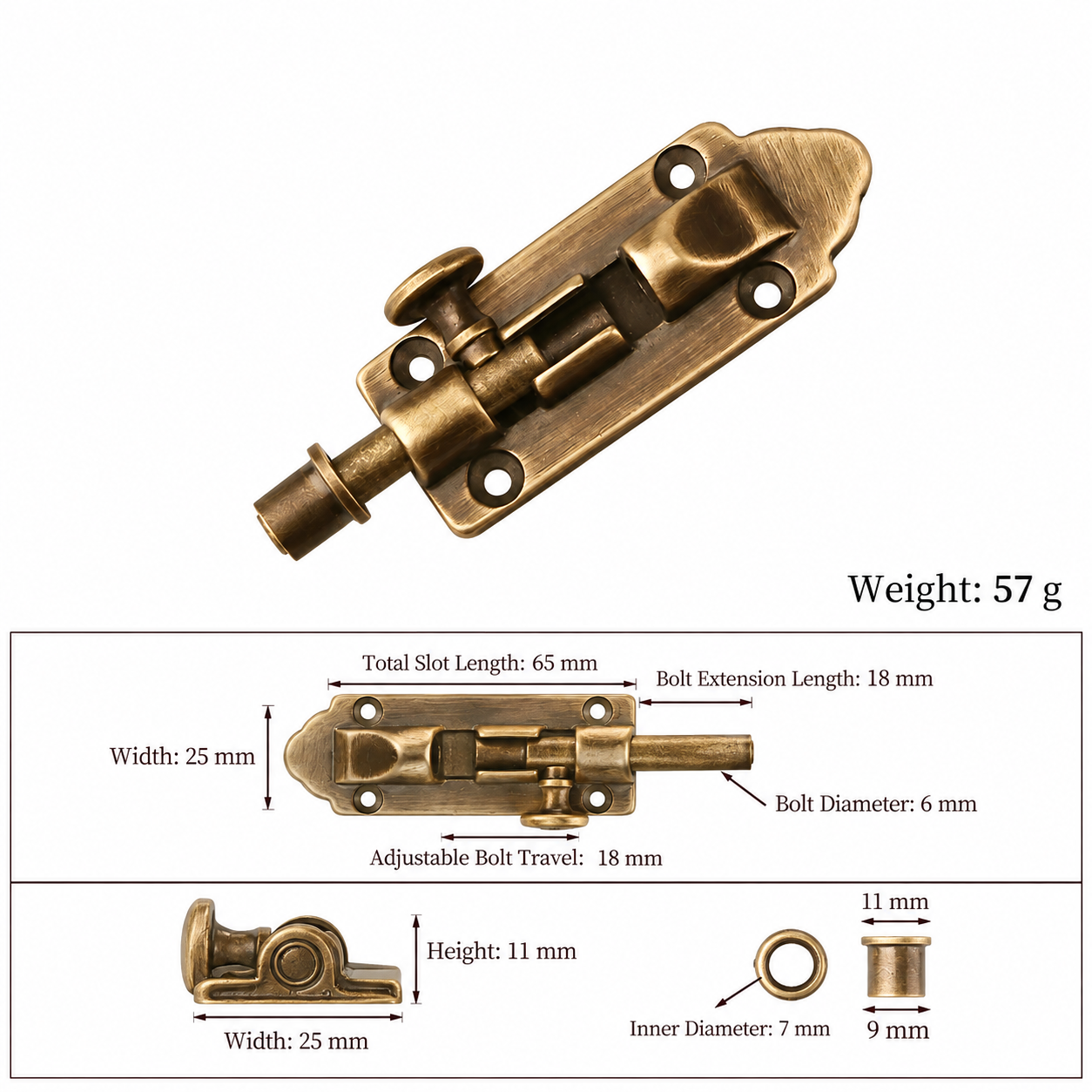 Bolts & Hinges T1309C in Solid brass for doors and furniture hardware, product number T1309C, T1309C - Antique bronze SKU variantStyle - 83mm