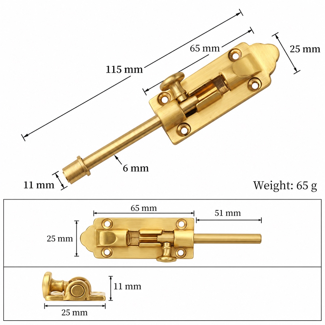 Bolts & Hinges T1309C in Solid brass for doors and furniture hardware, product number T1309C, T1309C - Matte SKU variantStyle - 115mm