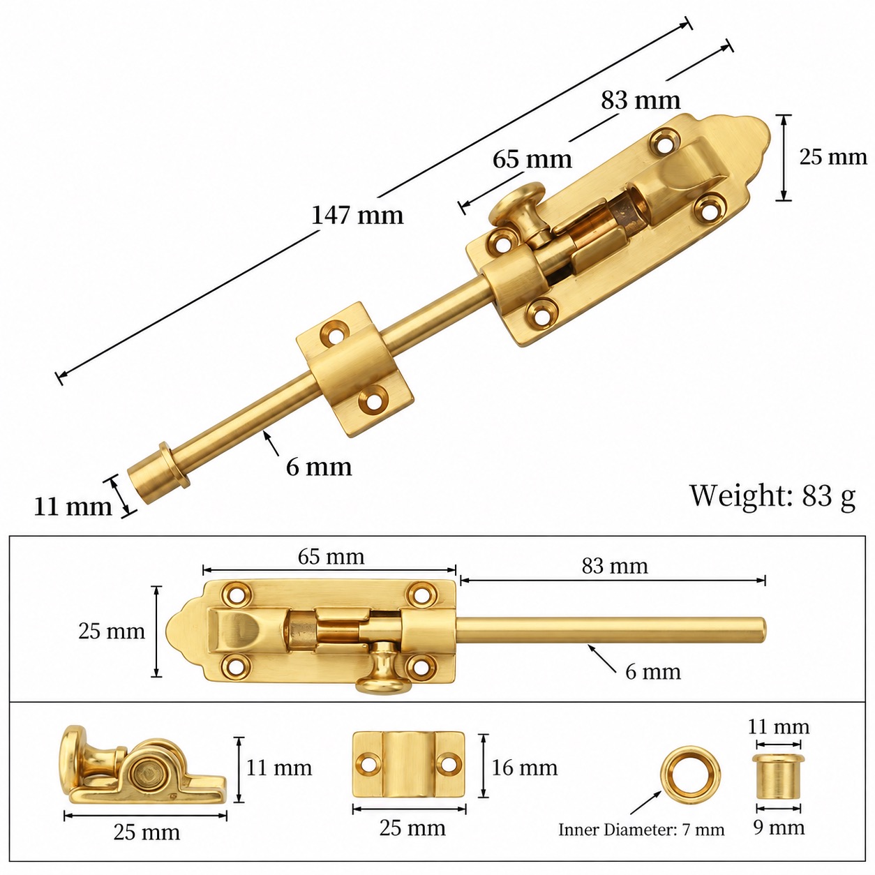 Bolts & Hinges T1309C in Solid brass for doors and furniture hardware, product number T1309C, T1309C - Matte SKU variantStyle - 147mm