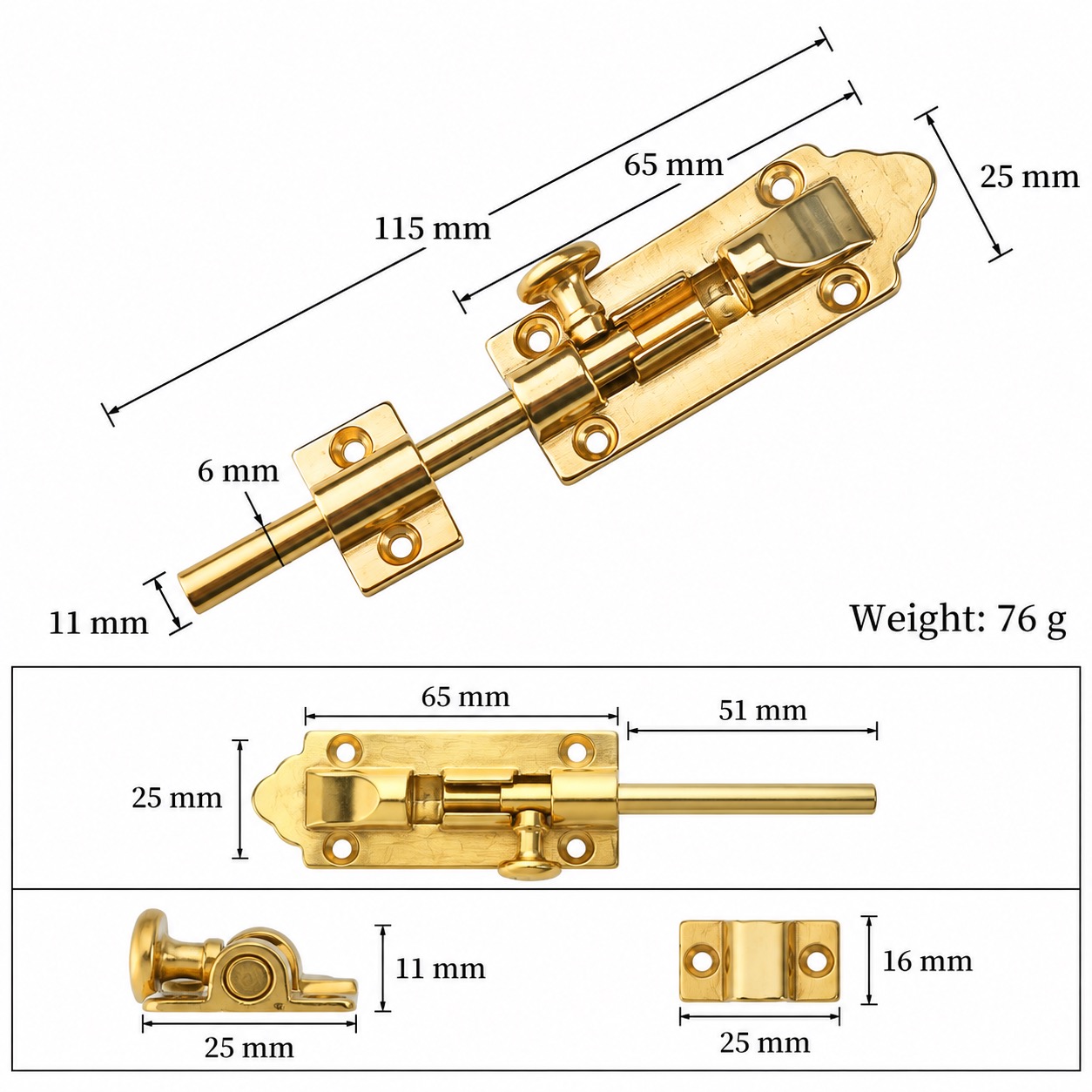 Bolts & Hinges T1309C in Solid brass for doors and furniture hardware, product number T1309C, T1309C - Brass SKU variantStyle - 115mm