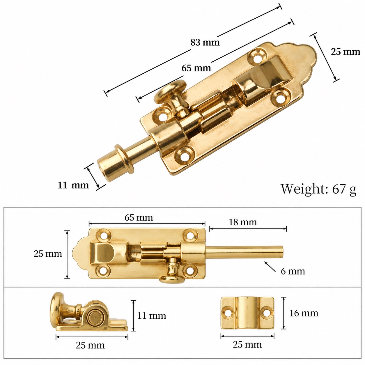 Bolts & Hinges T1309C in Solid brass for doors and furniture hardware, product number T1309C, T1309C - Brass SKU variantStyle - 83mm