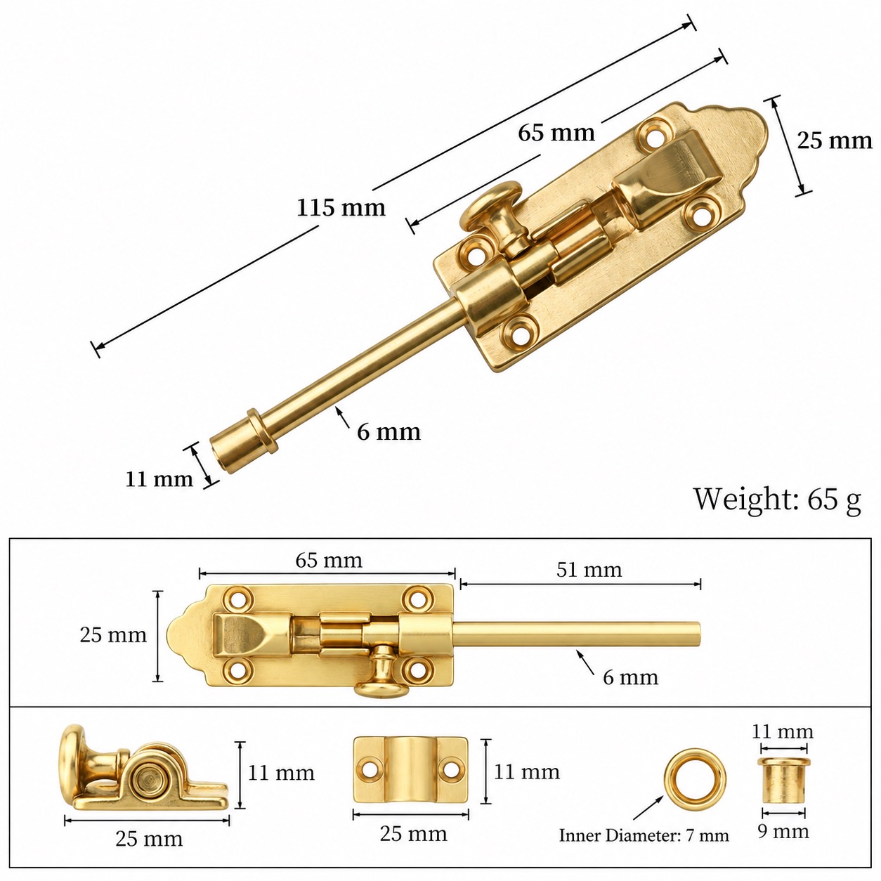 Bolts & Hinges T1309C in Solid brass for doors and furniture hardware, product number T1309C, T1309C - Brass SKU variantStyle - 115mm