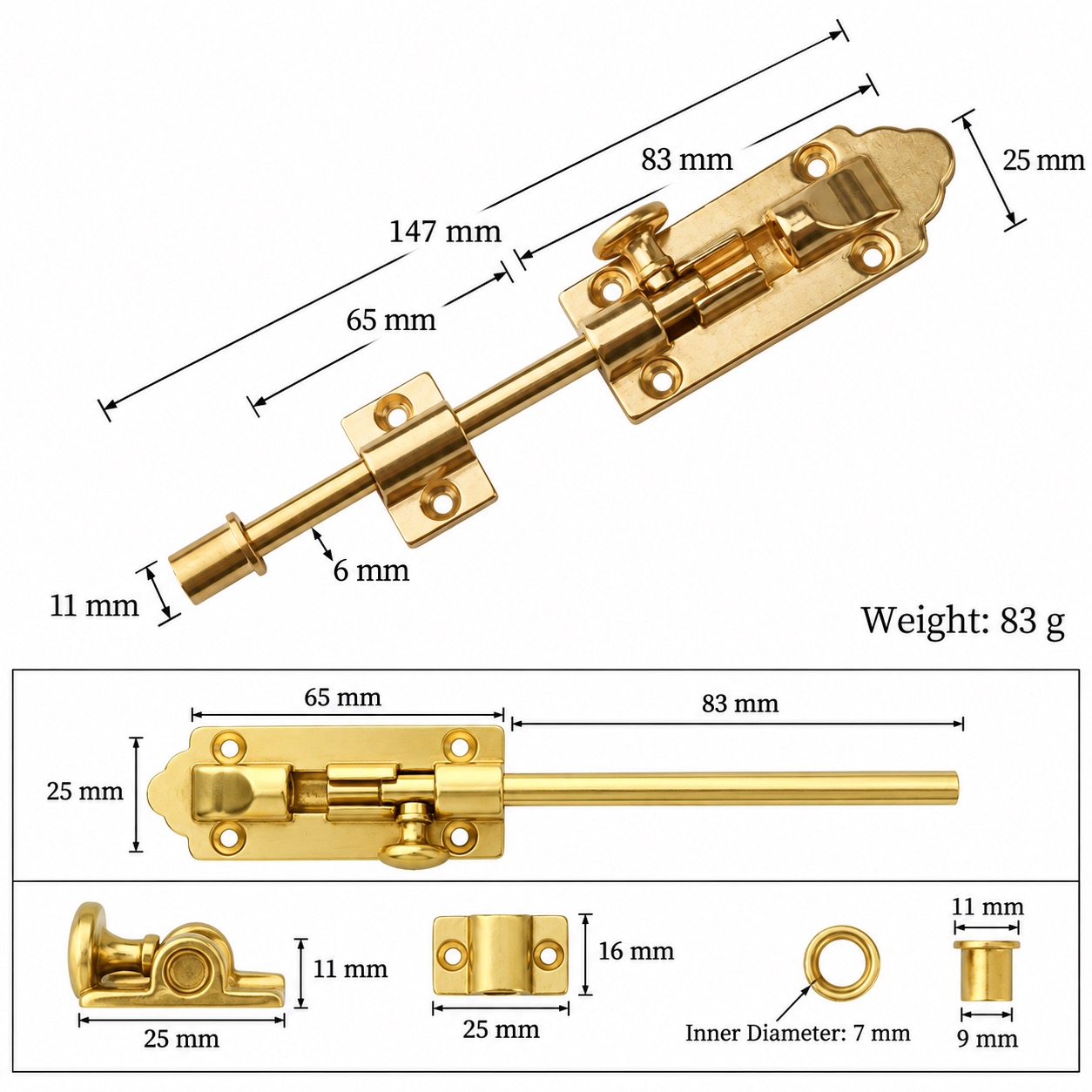 Bolts & Hinges T1309C in Solid brass for doors and furniture hardware, product number T1309C, T1309C - Brass SKU variantStyle - 147mm